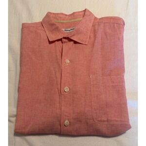 Tommy Bahama Mens XL Coral Pink 100% linen Short Sleeve Button Down Shirt Pocket